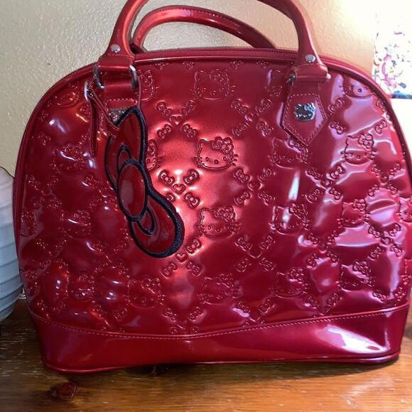 HELLO KITTY LOUNGEFLY SANRIO RED PATENT LOGO EMBOSSED DOME TOTE SATCHEL HANDBAG - Picture 1 of 12